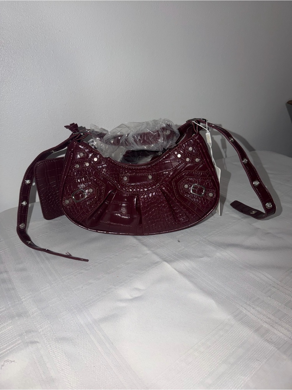 Women’s Croc-Embossed Burgundy Shoulder Bag with Stud Accents